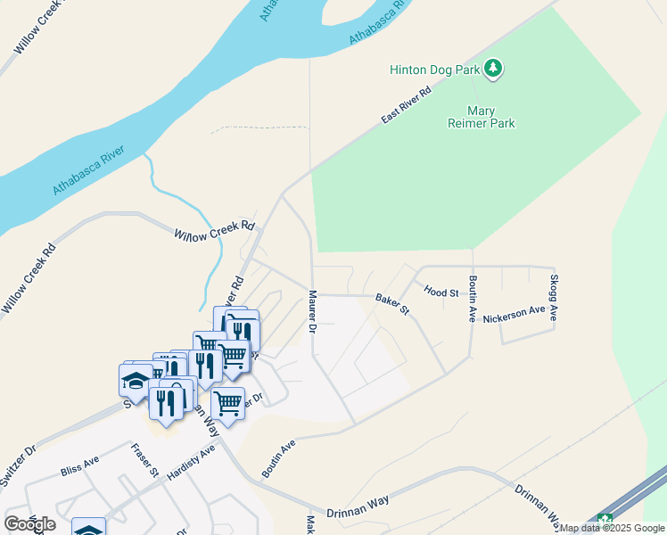map of restaurants, bars, coffee shops, grocery stores, and more near 202 Maurer Drive in Hinton