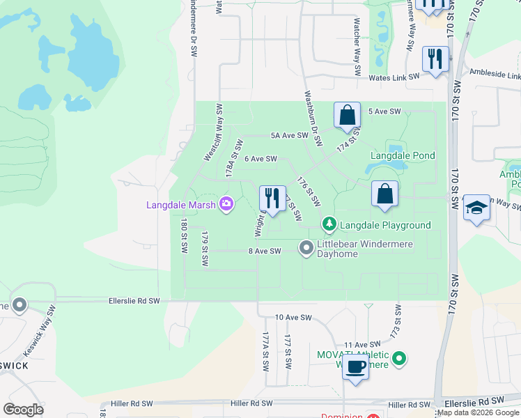 map of restaurants, bars, coffee shops, grocery stores, and more near 684 178 Street Southwest in Edmonton