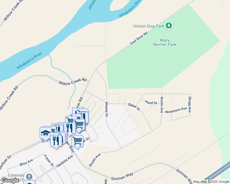 map of restaurants, bars, coffee shops, grocery stores, and more near 202 Maurer Drive in Hinton