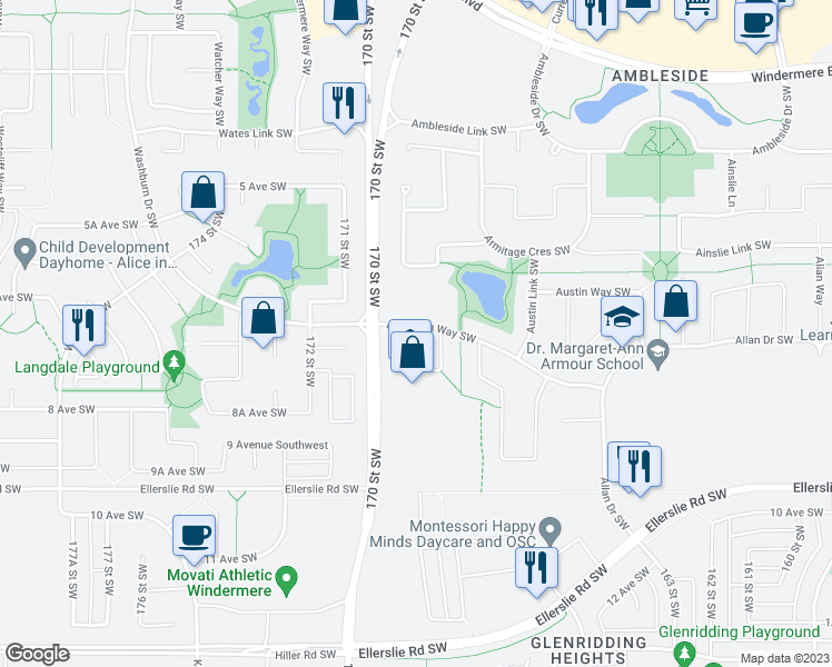 map of restaurants, bars, coffee shops, grocery stores, and more near 2862 Anderson Place Southwest in Edmonton
