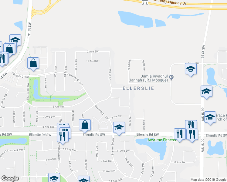 map of restaurants, bars, coffee shops, grocery stores, and more near 7847 5th Avenue Southwest in Edmonton