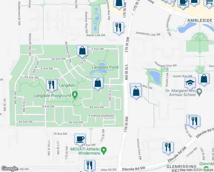 map of restaurants, bars, coffee shops, grocery stores, and more near 704 172 Street Southwest in Edmonton