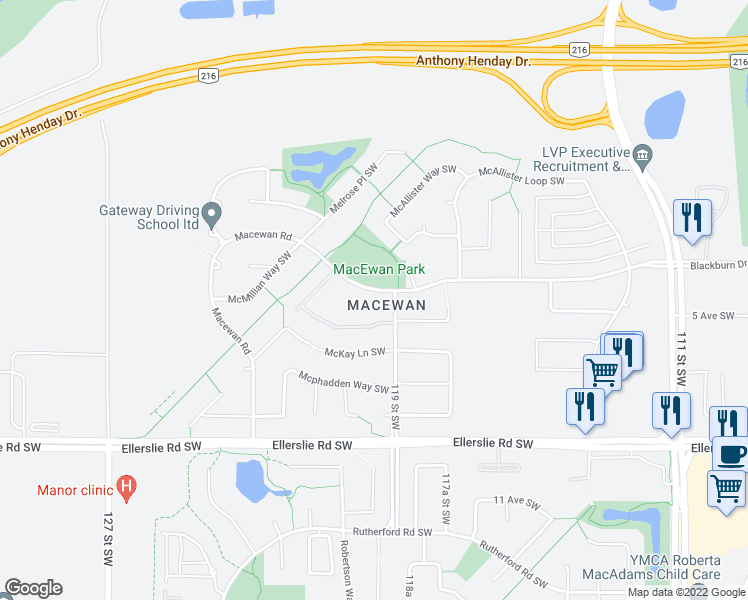 map of restaurants, bars, coffee shops, grocery stores, and more near 263 MacEwan Road Southwest in Edmonton
