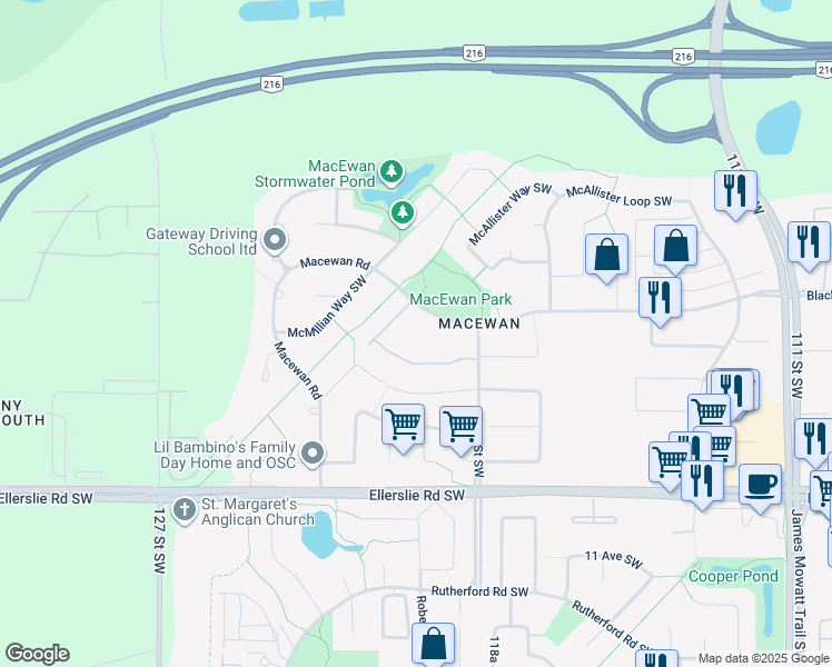 map of restaurants, bars, coffee shops, grocery stores, and more near 263 Macewan Road in Edmonton