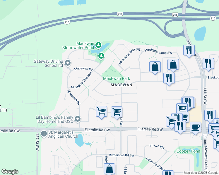 map of restaurants, bars, coffee shops, grocery stores, and more near 263 MacEwan Road Southwest in Edmonton