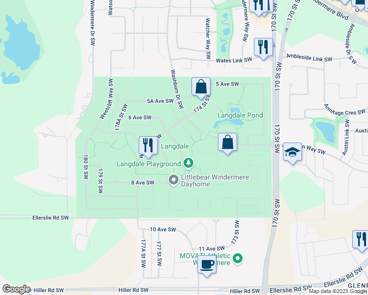 map of restaurants, bars, coffee shops, grocery stores, and more near 733 176 Street Southwest in Edmonton