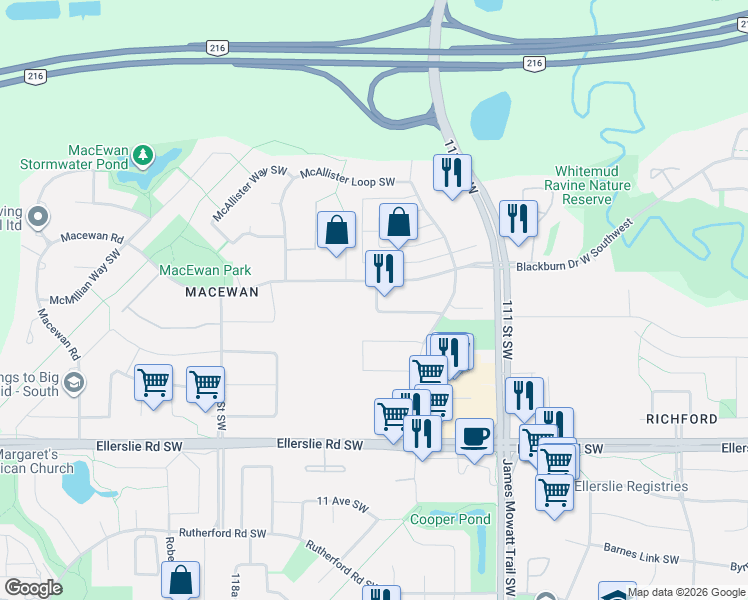 map of restaurants, bars, coffee shops, grocery stores, and more near 4340 McMullen Way Southwest in Edmonton