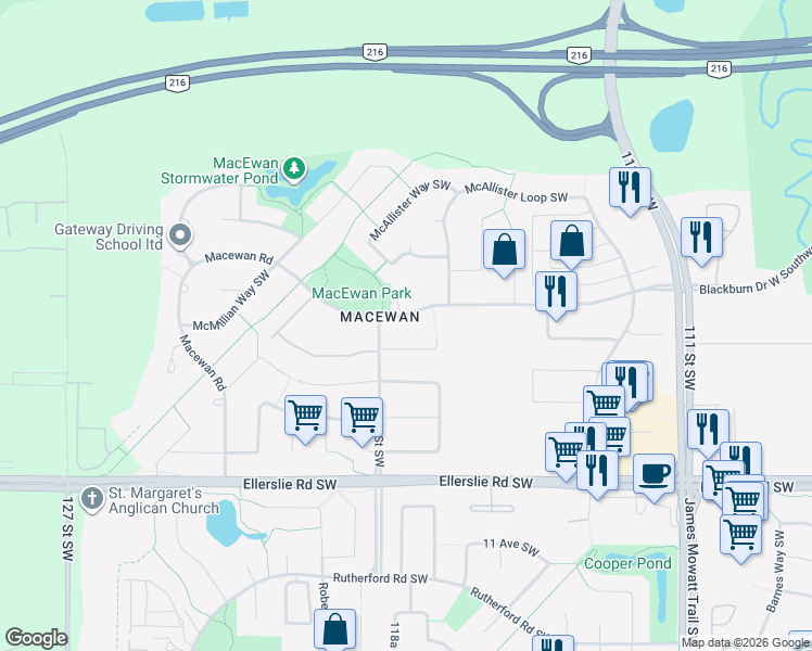 map of restaurants, bars, coffee shops, grocery stores, and more near 237 Macewan Road in Edmonton