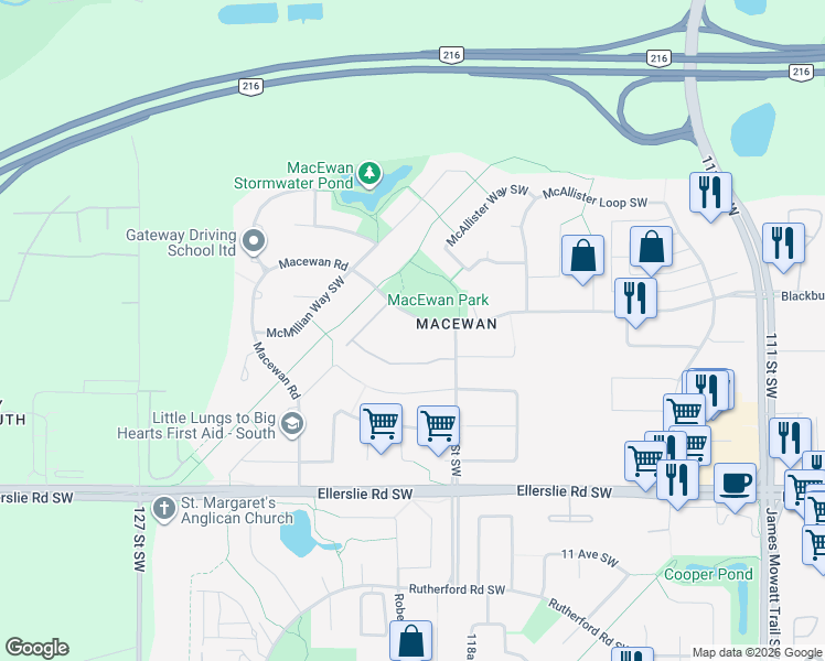 map of restaurants, bars, coffee shops, grocery stores, and more near 263 Macewan Road in Edmonton