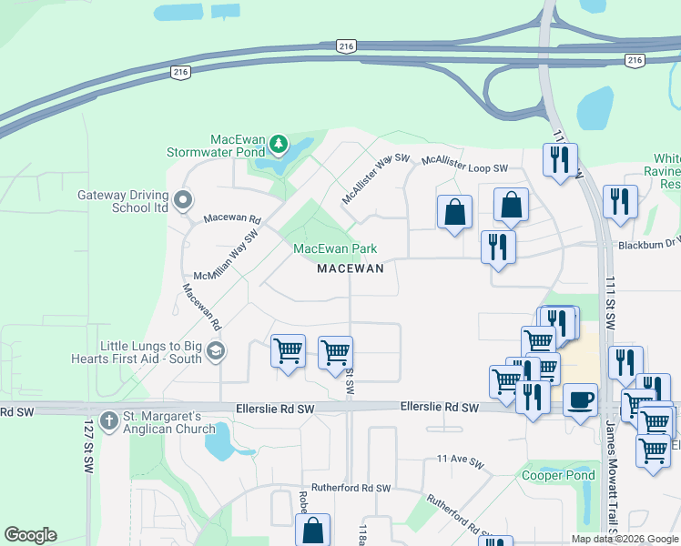 map of restaurants, bars, coffee shops, grocery stores, and more near in Edmonton