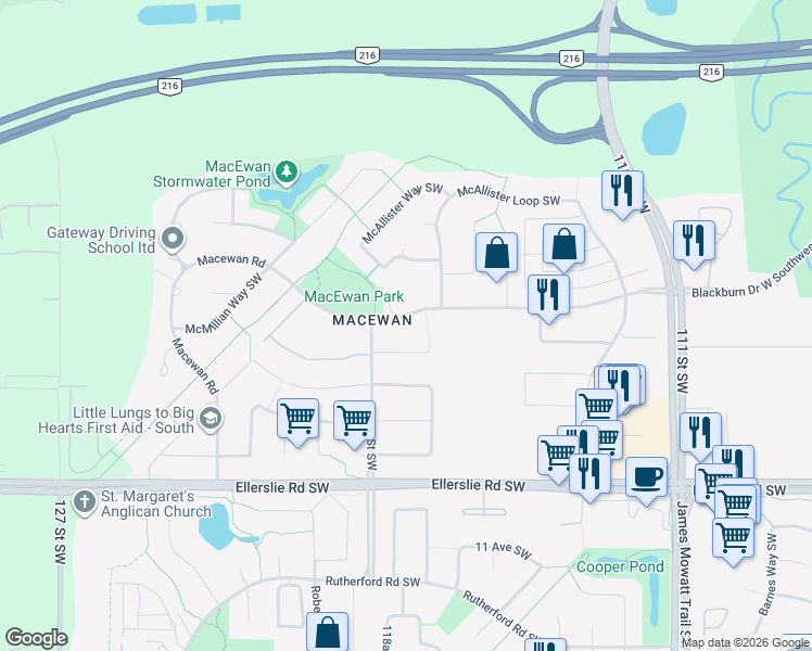 map of restaurants, bars, coffee shops, grocery stores, and more near 237 Macewan Road in Edmonton