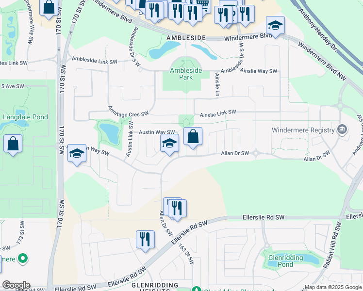 map of restaurants, bars, coffee shops, grocery stores, and more near 2215 Austin Way Southwest in Edmonton