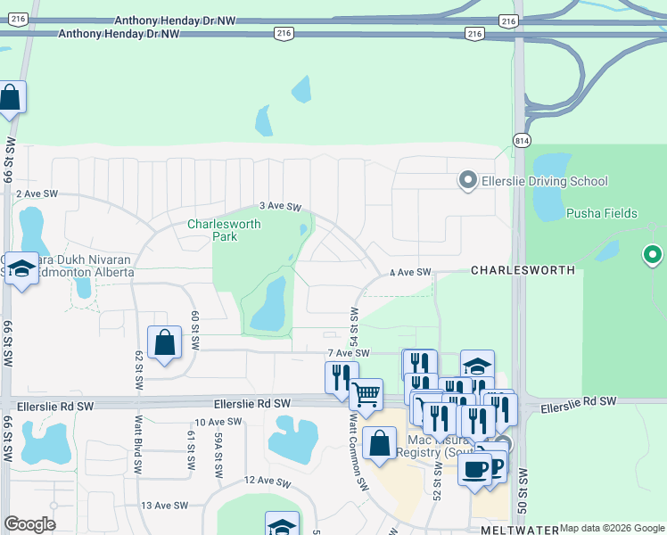 map of restaurants, bars, coffee shops, grocery stores, and more near 5317 3 Avenue Southwest in Edmonton