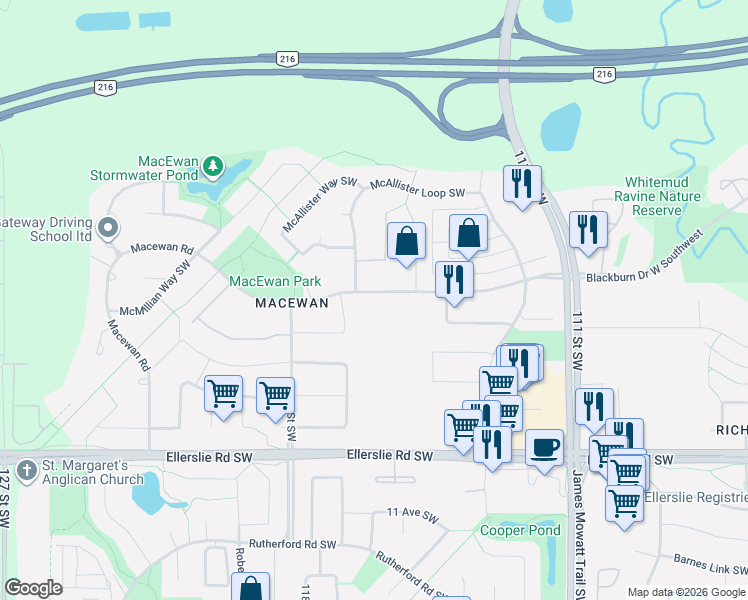 map of restaurants, bars, coffee shops, grocery stores, and more near 199 Macewan Road in Edmonton