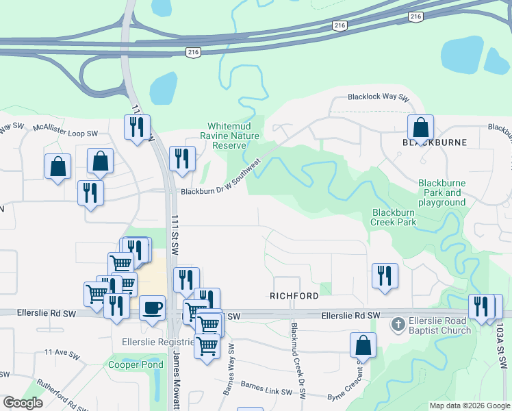 map of restaurants, bars, coffee shops, grocery stores, and more near 10908 5 Avenue Southwest in Edmonton