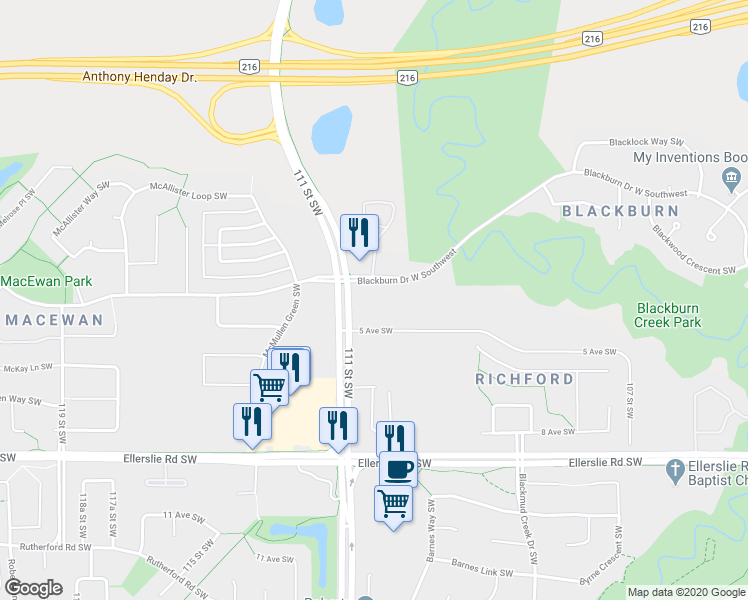 map of restaurants, bars, coffee shops, grocery stores, and more near 11012 5 Avenue Southwest in Edmonton
