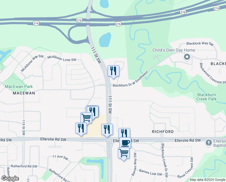 map of restaurants, bars, coffee shops, grocery stores, and more near 11012 5 Avenue Southwest in Edmonton