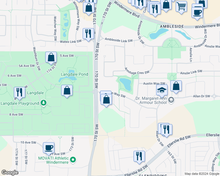 map of restaurants, bars, coffee shops, grocery stores, and more near 2862 Anderson Place Southwest in Edmonton