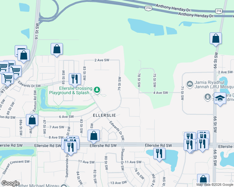 map of restaurants, bars, coffee shops, grocery stores, and more near 7847 5th Avenue Southwest in Edmonton