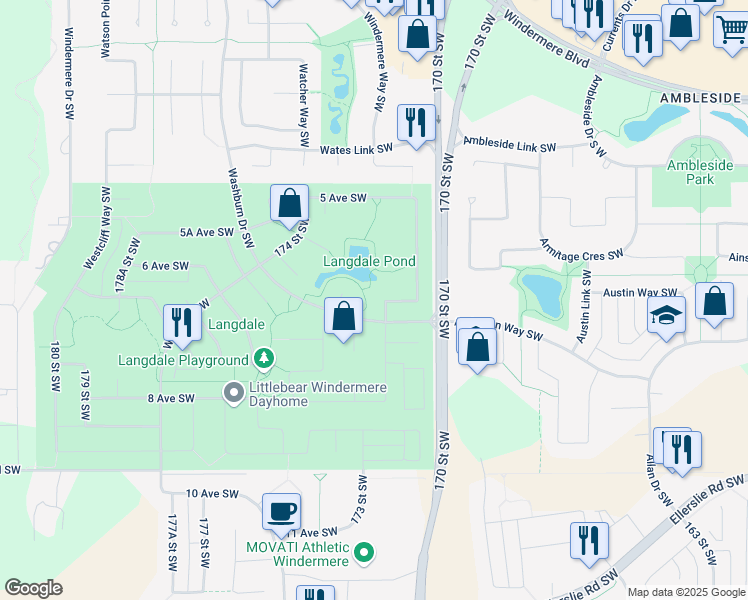 map of restaurants, bars, coffee shops, grocery stores, and more near 704 172 Street Southwest in Edmonton