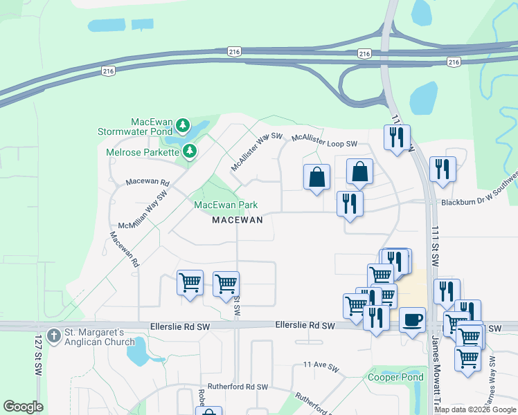 map of restaurants, bars, coffee shops, grocery stores, and more near 237 Macewan Road in Edmonton
