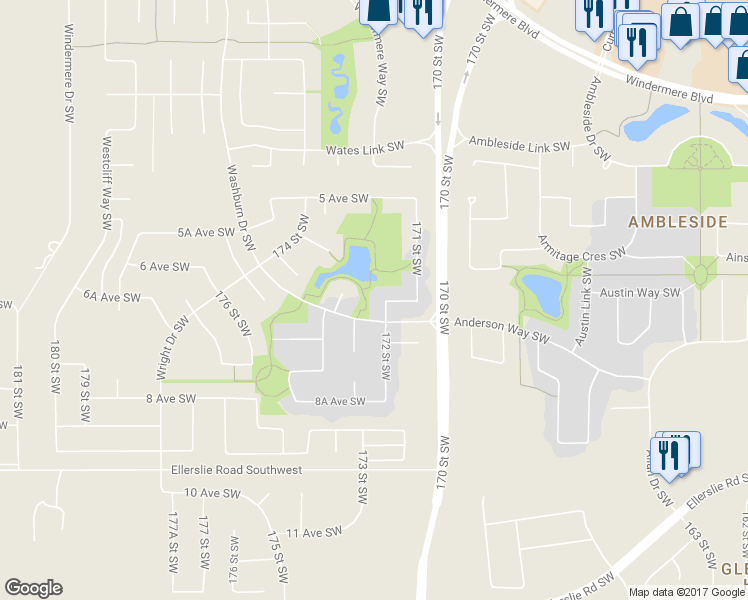 map of restaurants, bars, coffee shops, grocery stores, and more near 704 172 Street Southwest in Edmonton
