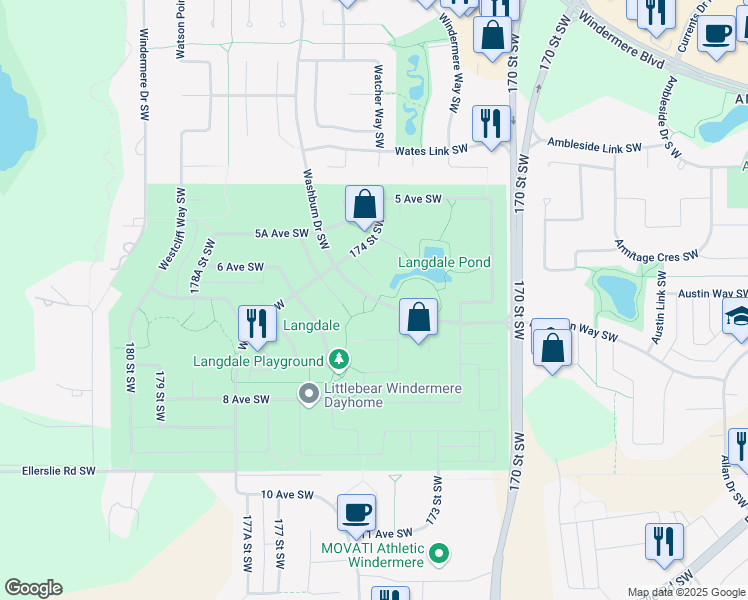 map of restaurants, bars, coffee shops, grocery stores, and more near 1829 Washburn Drive Southwest in Edmonton