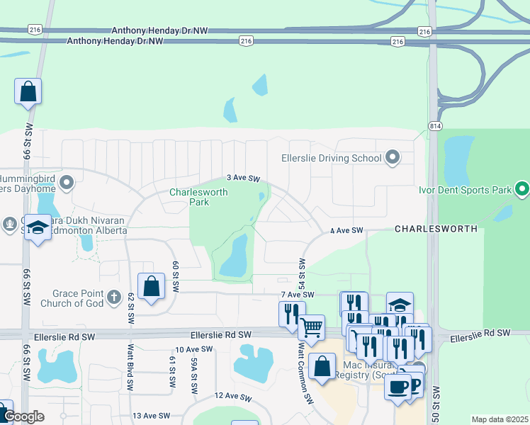 map of restaurants, bars, coffee shops, grocery stores, and more near 5317 3 Avenue Southwest in Edmonton