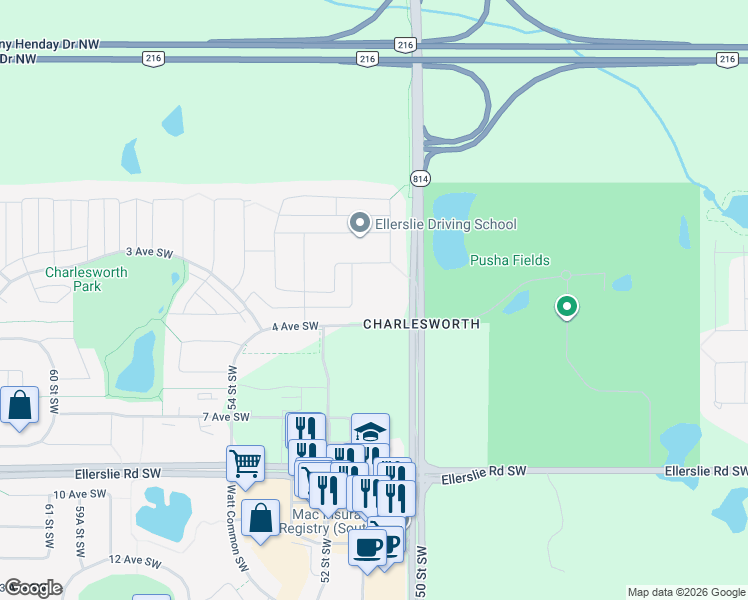 map of restaurants, bars, coffee shops, grocery stores, and more near 5008 4 Avenue Southwest in Edmonton