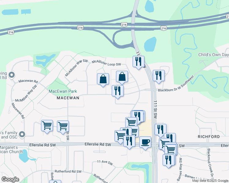 map of restaurants, bars, coffee shops, grocery stores, and more near 170 MacEwan Road Southwest in Edmonton