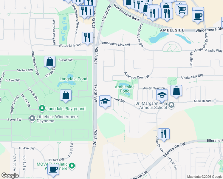 map of restaurants, bars, coffee shops, grocery stores, and more near 697 Adams Way Southwest in Edmonton