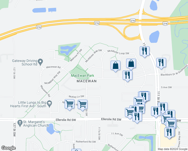 map of restaurants, bars, coffee shops, grocery stores, and more near 1298 McAllister Way Southwest in Edmonton