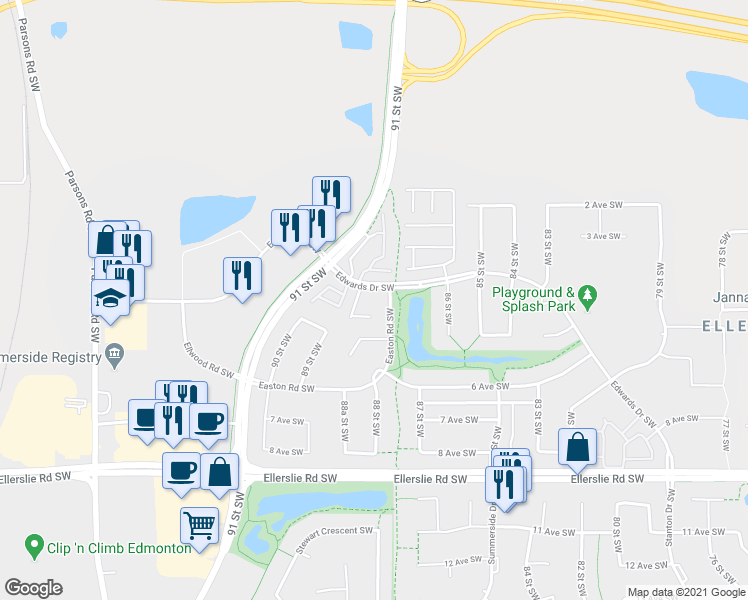 map of restaurants, bars, coffee shops, grocery stores, and more near in Edmonton