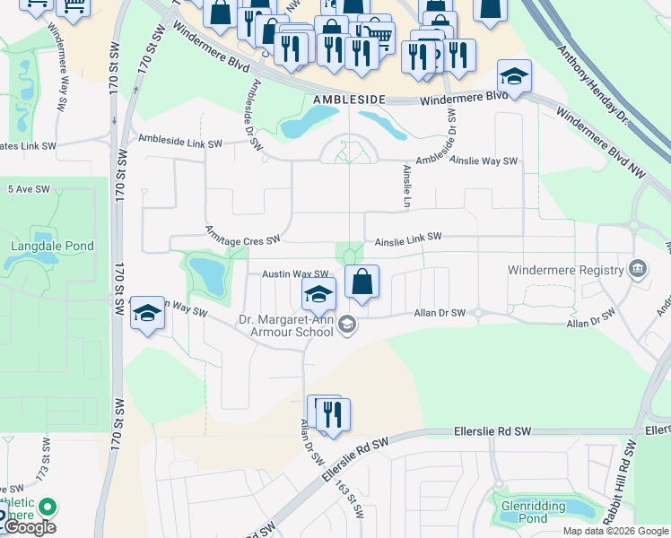map of restaurants, bars, coffee shops, grocery stores, and more near 2031 Armitage Green Southwest in Edmonton
