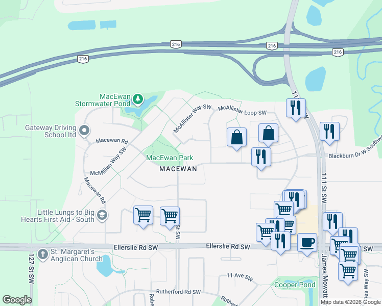 map of restaurants, bars, coffee shops, grocery stores, and more near 1298 McAllister Way Southwest in Edmonton