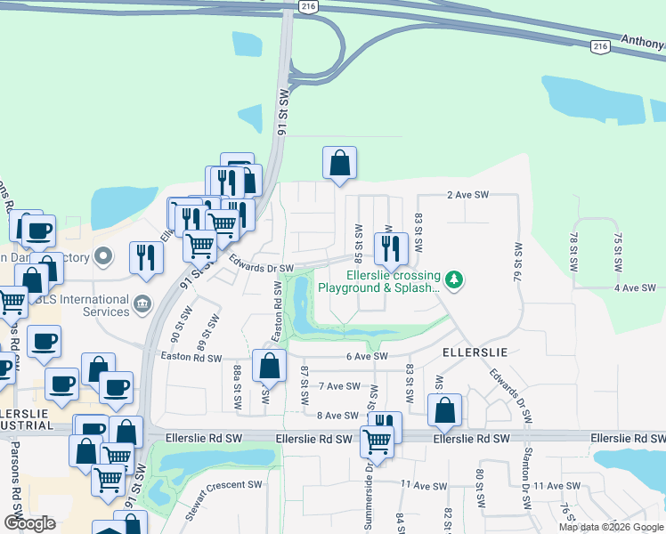 map of restaurants, bars, coffee shops, grocery stores, and more near 403 86 Street Southwest in Edmonton