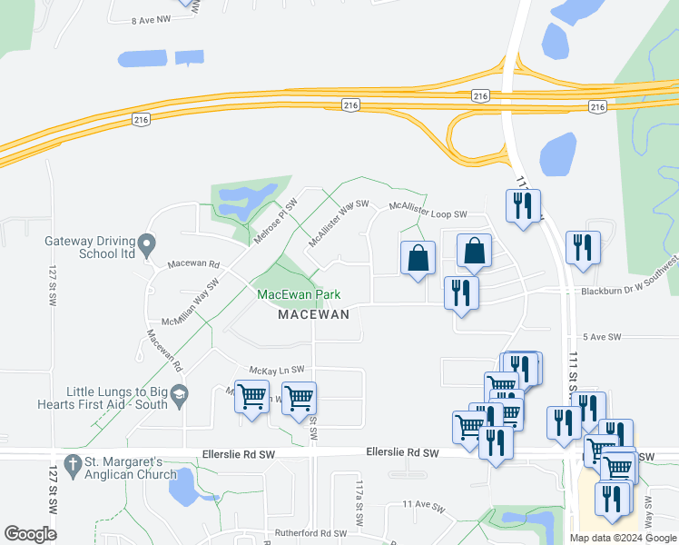 map of restaurants, bars, coffee shops, grocery stores, and more near 1298 McAllister Way Southwest in Edmonton