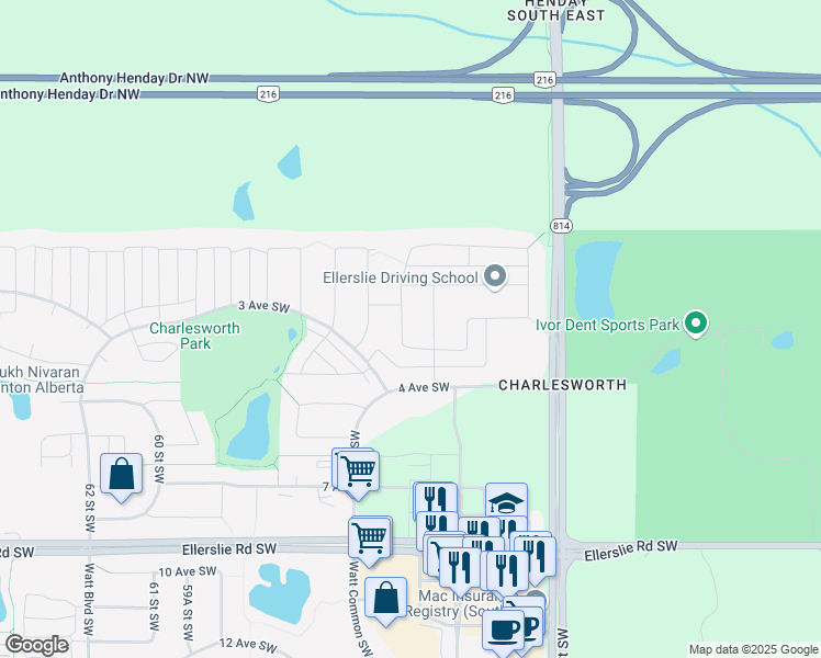 map of restaurants, bars, coffee shops, grocery stores, and more near 219 53 Street Southwest in Edmonton