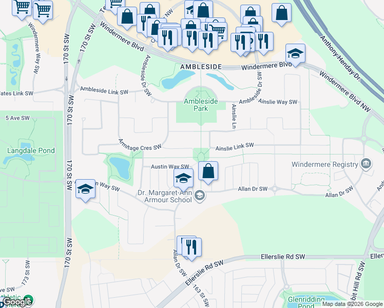map of restaurants, bars, coffee shops, grocery stores, and more near 2031 Armitage Green Southwest in Edmonton