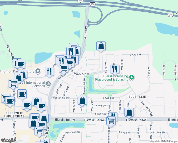 map of restaurants, bars, coffee shops, grocery stores, and more near 230 Edwards Drive Southwest in Edmonton