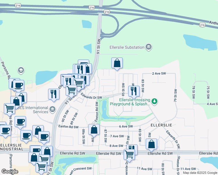 map of restaurants, bars, coffee shops, grocery stores, and more near 131-230 Edwards Drive Southwest in Edmonton