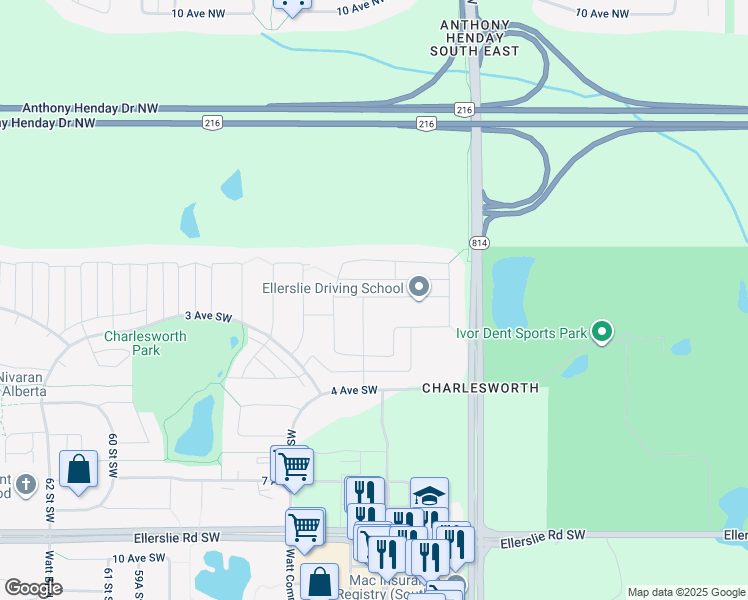 map of restaurants, bars, coffee shops, grocery stores, and more near 5235 1A Avenue Southwest in Edmonton