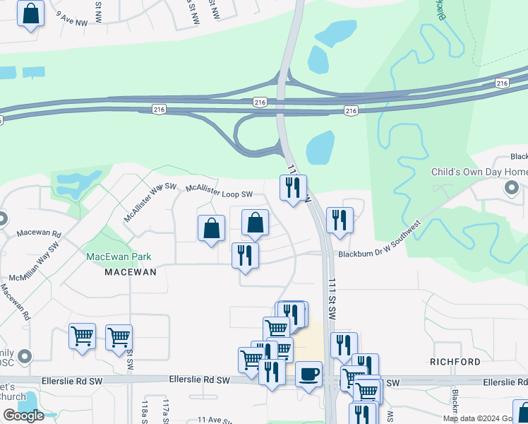 map of restaurants, bars, coffee shops, grocery stores, and more near 895 McAllister Crescent Southwest in Edmonton