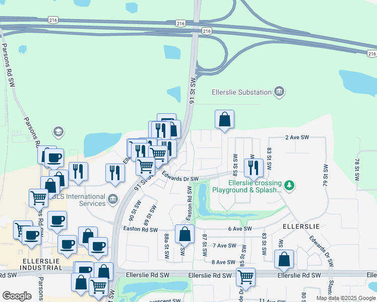 map of restaurants, bars, coffee shops, grocery stores, and more near 248 Edwards Drive Southwest in Edmonton
