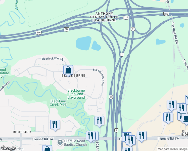 map of restaurants, bars, coffee shops, grocery stores, and more near 358 Blackburn Drive East Southwest in Edmonton
