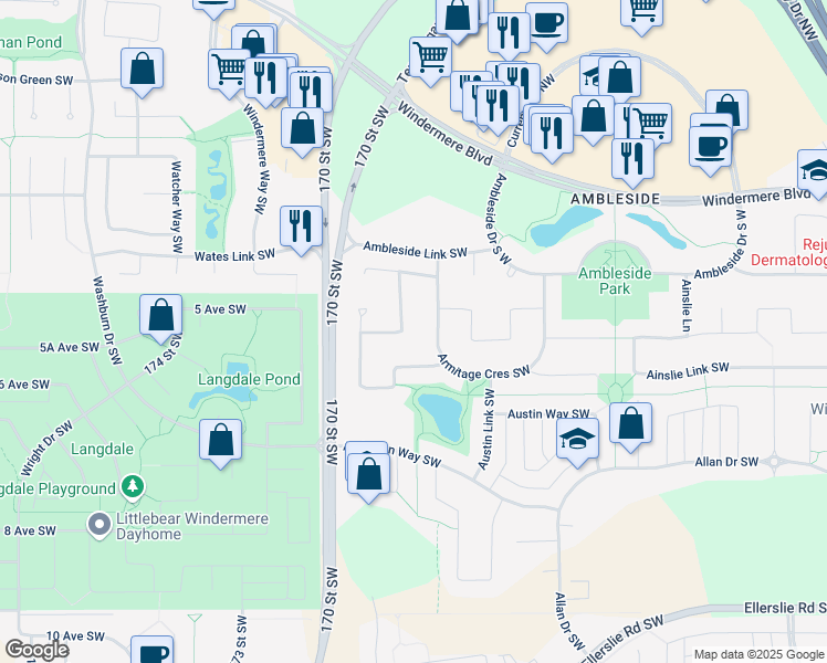 map of restaurants, bars, coffee shops, grocery stores, and more near 625 Adams Way Southwest in Edmonton