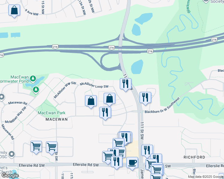 map of restaurants, bars, coffee shops, grocery stores, and more near 647 McAllister Loop Southwest in Edmonton