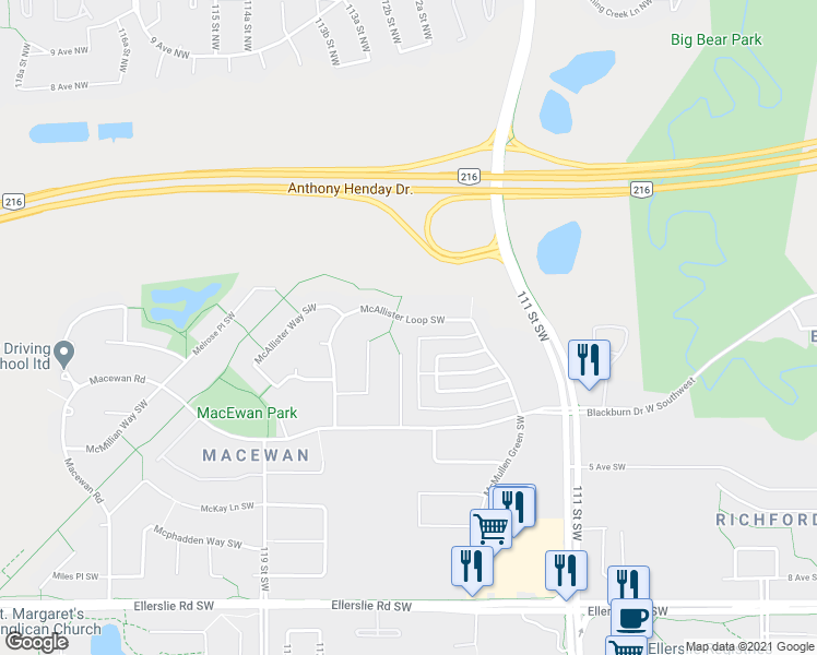 map of restaurants, bars, coffee shops, grocery stores, and more near 687 McAllister Loop Southwest in Edmonton