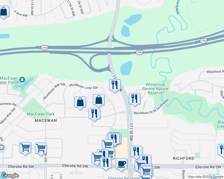 map of restaurants, bars, coffee shops, grocery stores, and more near 630 McAllister Loop Southwest in Edmonton
