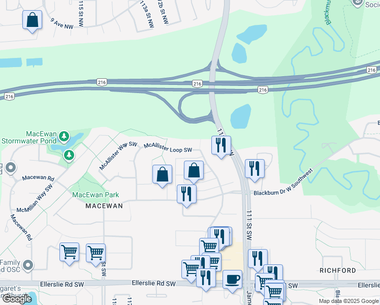 map of restaurants, bars, coffee shops, grocery stores, and more near 655 McAllister Loop Southwest in Edmonton